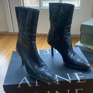 Anne Klein Black Leather Mid-Calf Pointed-Toe Stiletto Boots